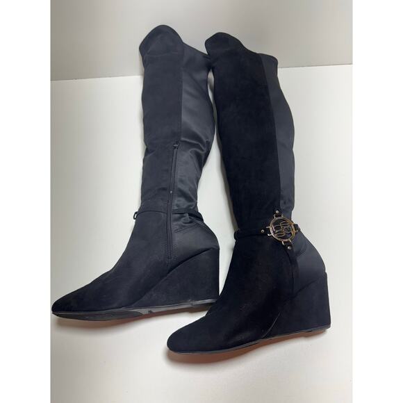 Bebe Women’s Hanan Sz9 M Black Knee High Boots Zip Up Wedge Heel Whimsy Goth - Picture 1 of 12